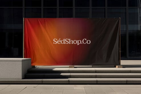 Red orange to charcoal gradient banner showing SedShop.Co text on modern storefront wall