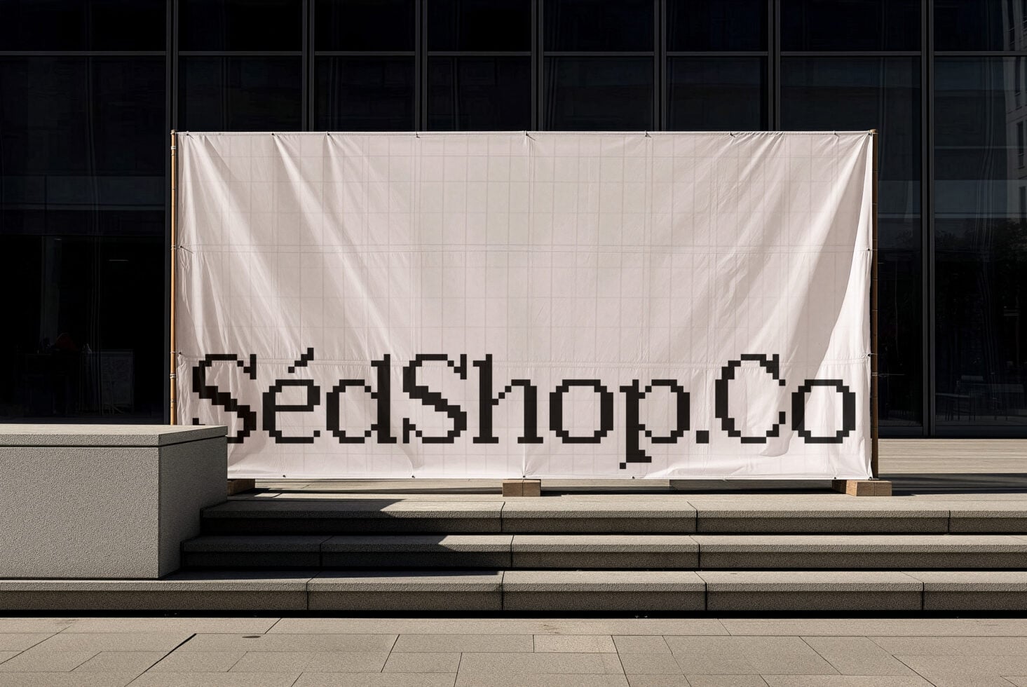Large cream fabric banner with pixelated black text reading SedShop.Co hung on modern building facade