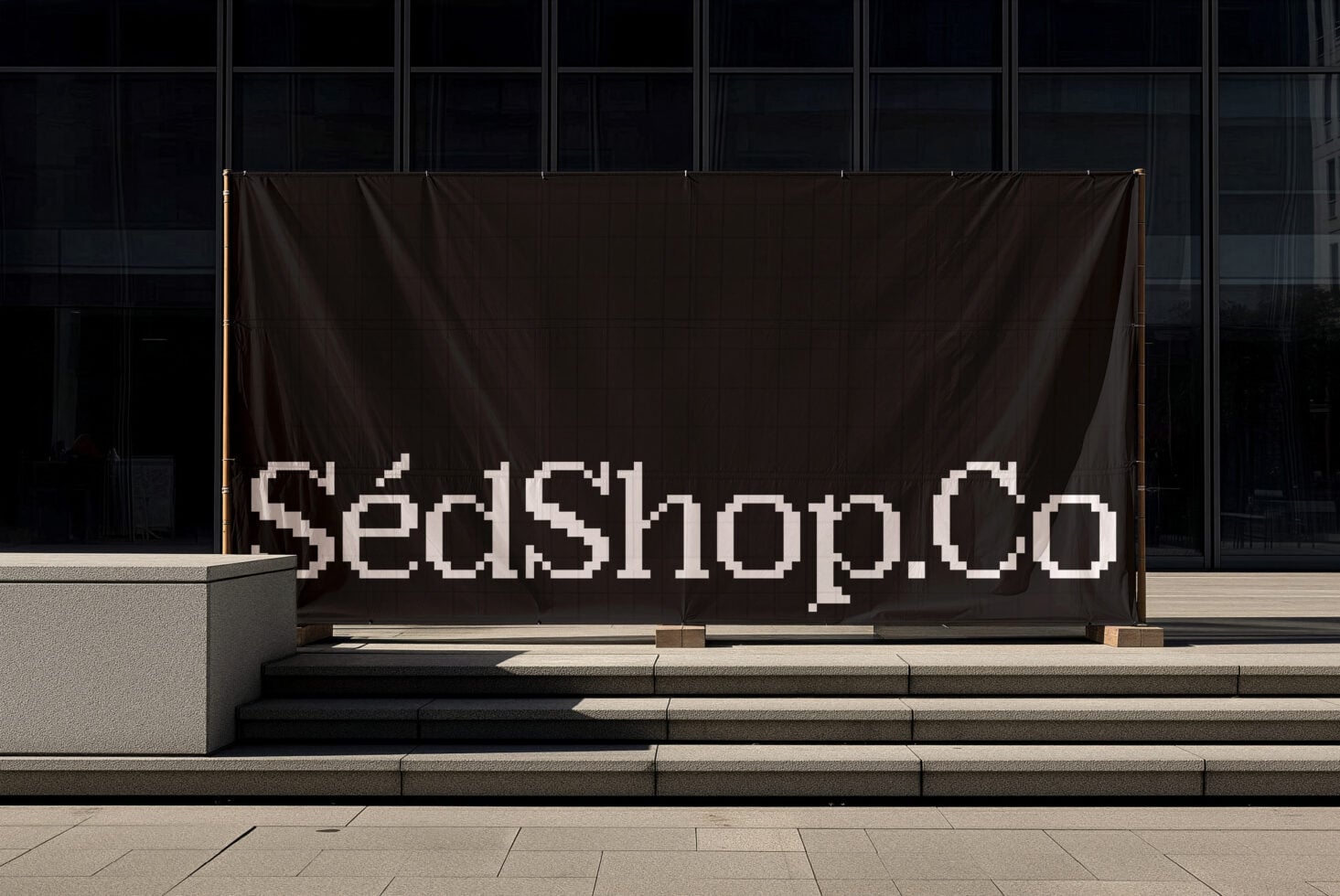 SedShop.Co pixelated white lettering on black canvas against glass storefront windows
