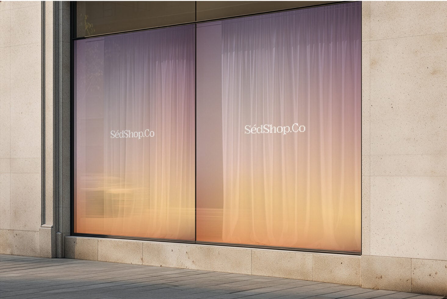 Double storefront window with soft pink to gold gradient, white serif text centered