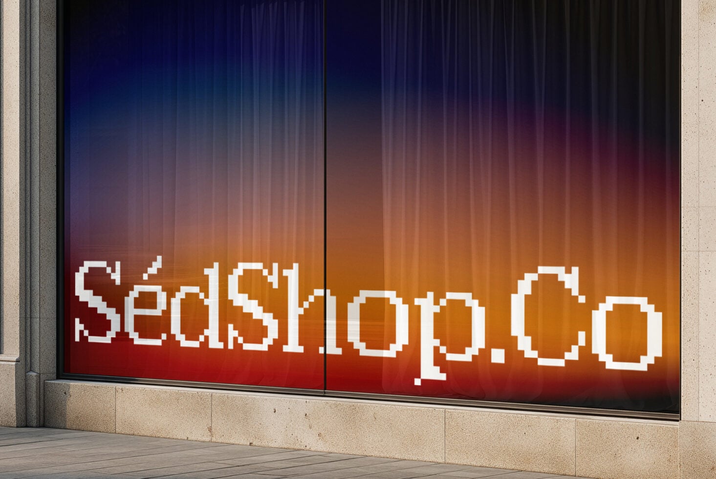 Storefront glass display mockup with gradient sunset colors pixelated text
