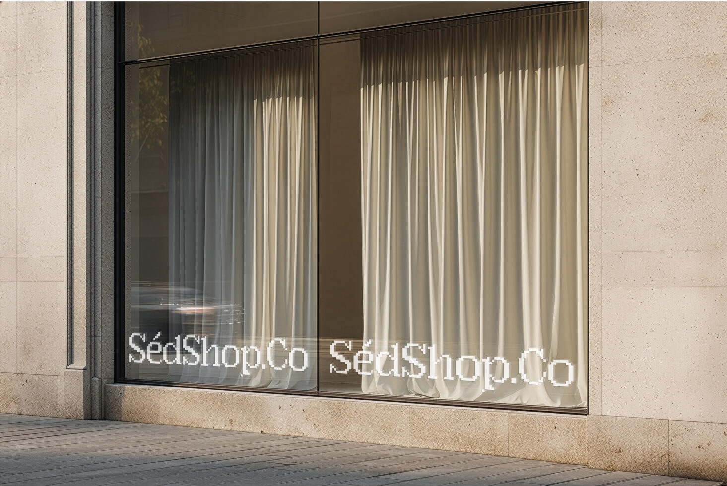 Minimal modern storefront window mockup with repeated serif text display