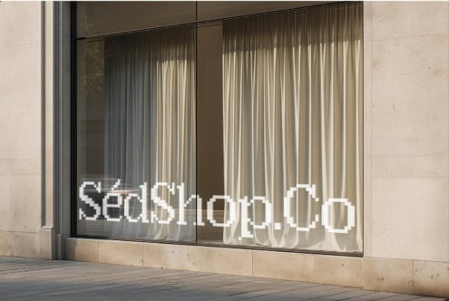 Modern storefront window with white pixelated text reading SedShop.Co on glass