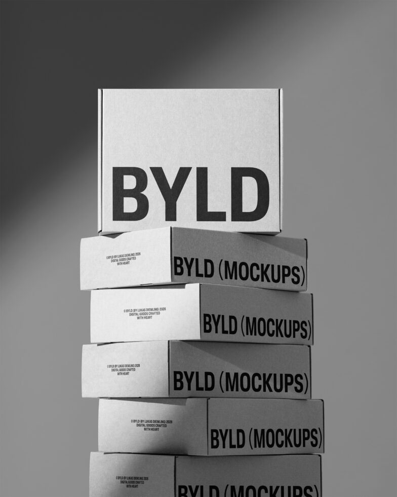 Neutral stacked box mockups with gray background, clean minimal product packaging display