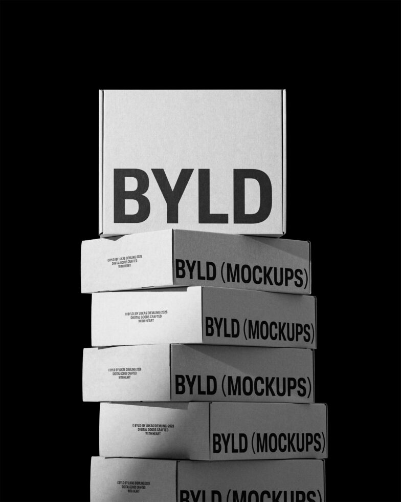 Monochrome stacked box mockups with alternating white, gray sides on black backdrop