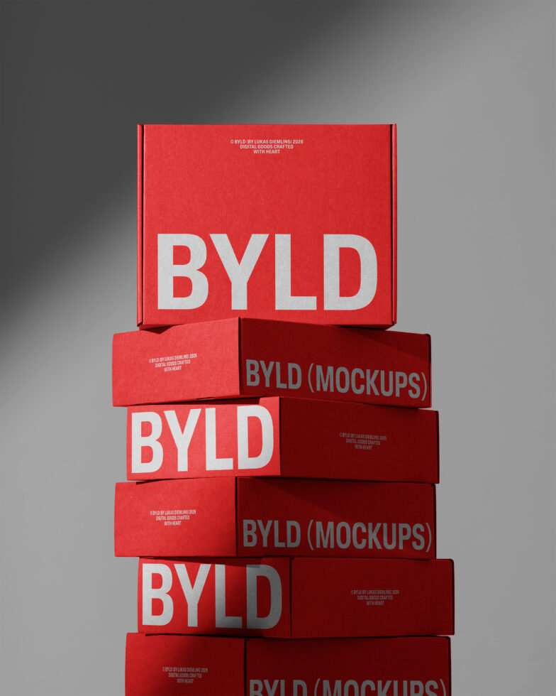 Stacked red cardboard boxes with white BYLD lettering against gray background