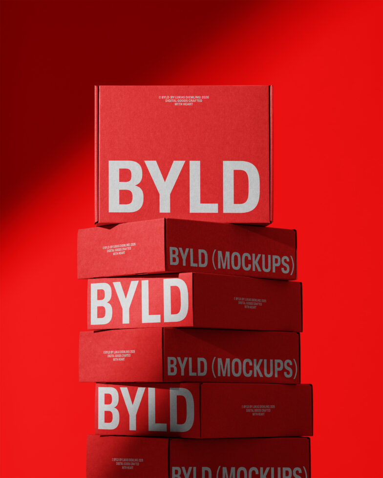 Stacked red box mockups with white BYLD lettering against matching red background