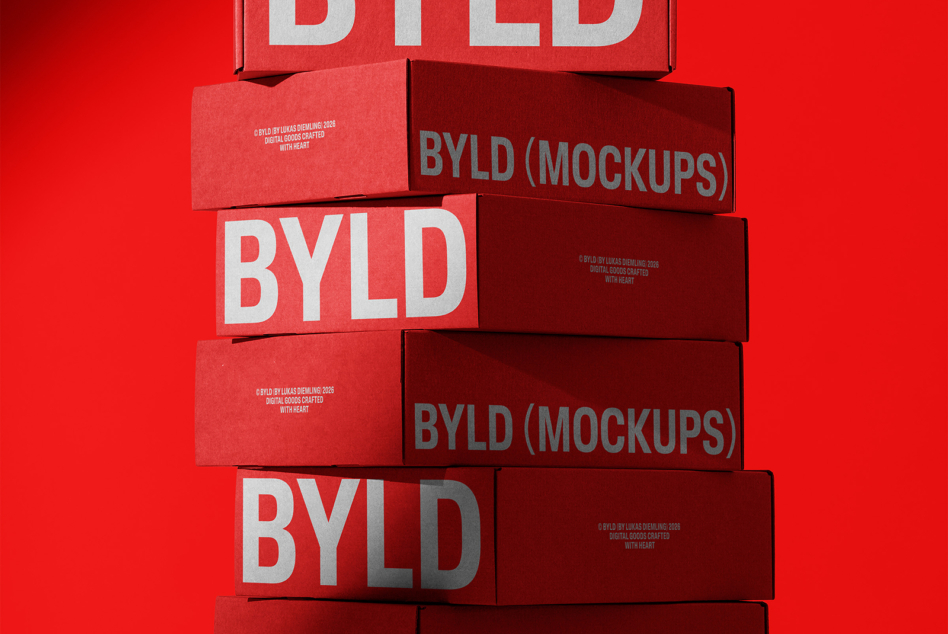Bright red stacked boxes with BYLD lettering on vivid red background