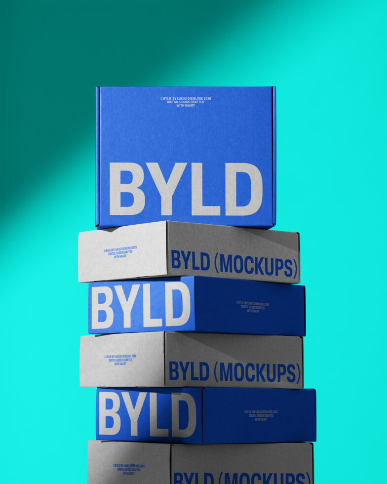 Stacked blue box mockups with cyan gradient background, BYLD text on covers