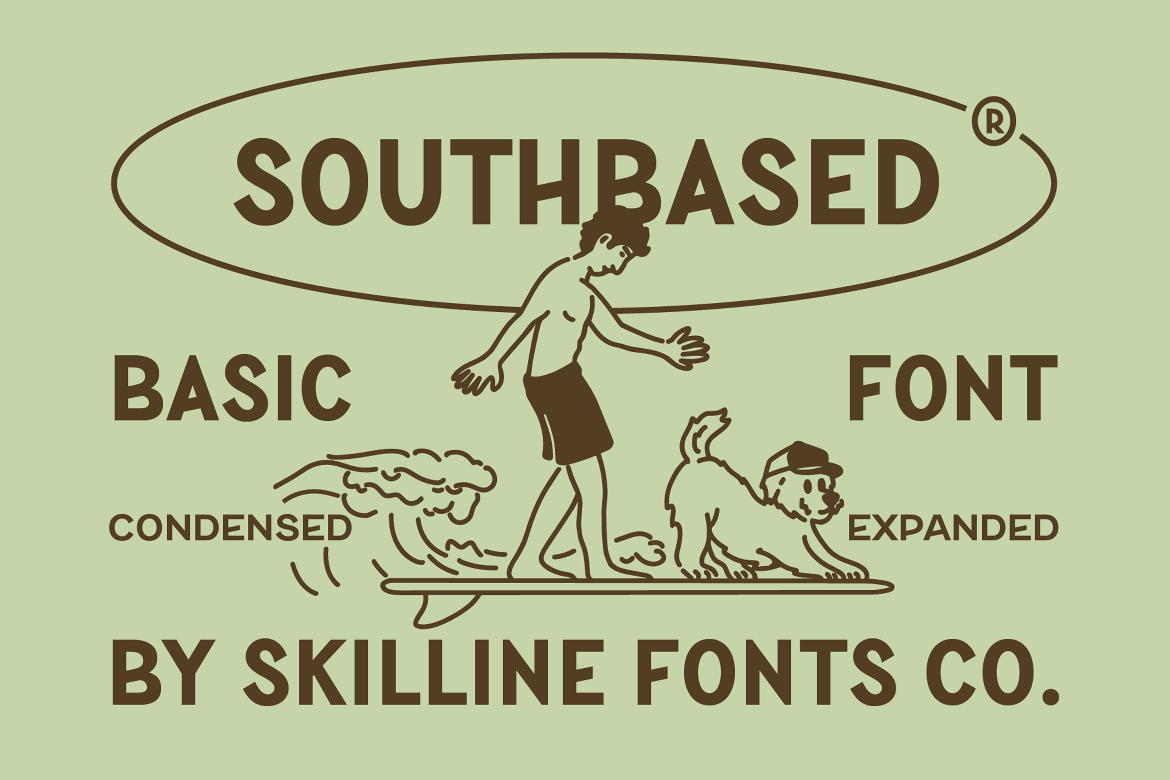Retro illustration with woman, dog, sea waves, SOUTHBASED font label on pale green