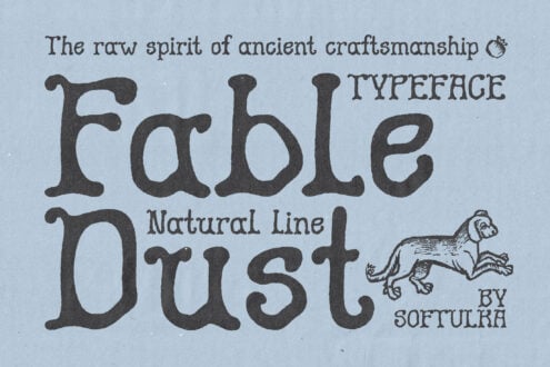 Fable Dust font displaying raw spirit of ancient craftsmanship with running animal