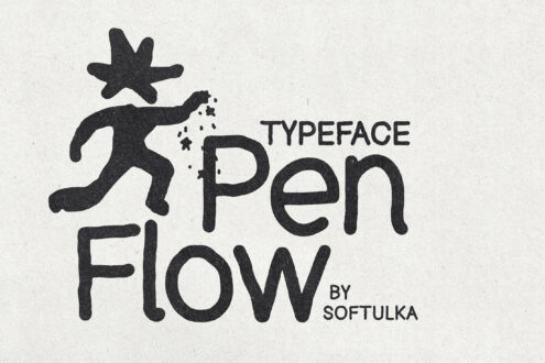 Penflow typeface cover with cartoon figure throwing stars, by Softulka