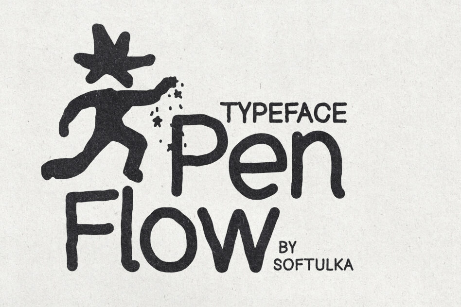Penflow typeface cover with cartoon figure throwing stars, by Softulka