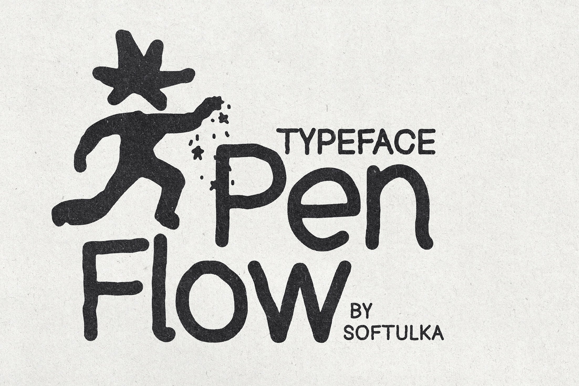 Penflow typeface cover with cartoon figure throwing stars, by Softulka
