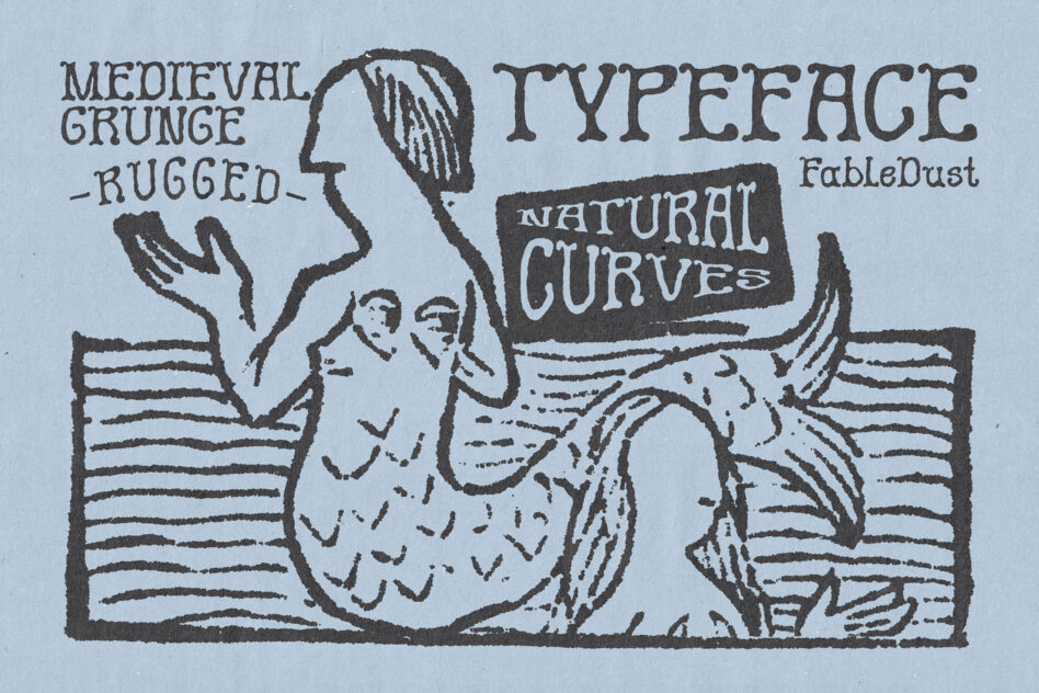 Medieval grunge typeface with woodcut illustration of creature on striped background