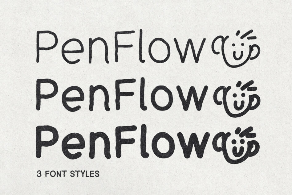 Penflow font displayed in 3 different style variations with smiley faces