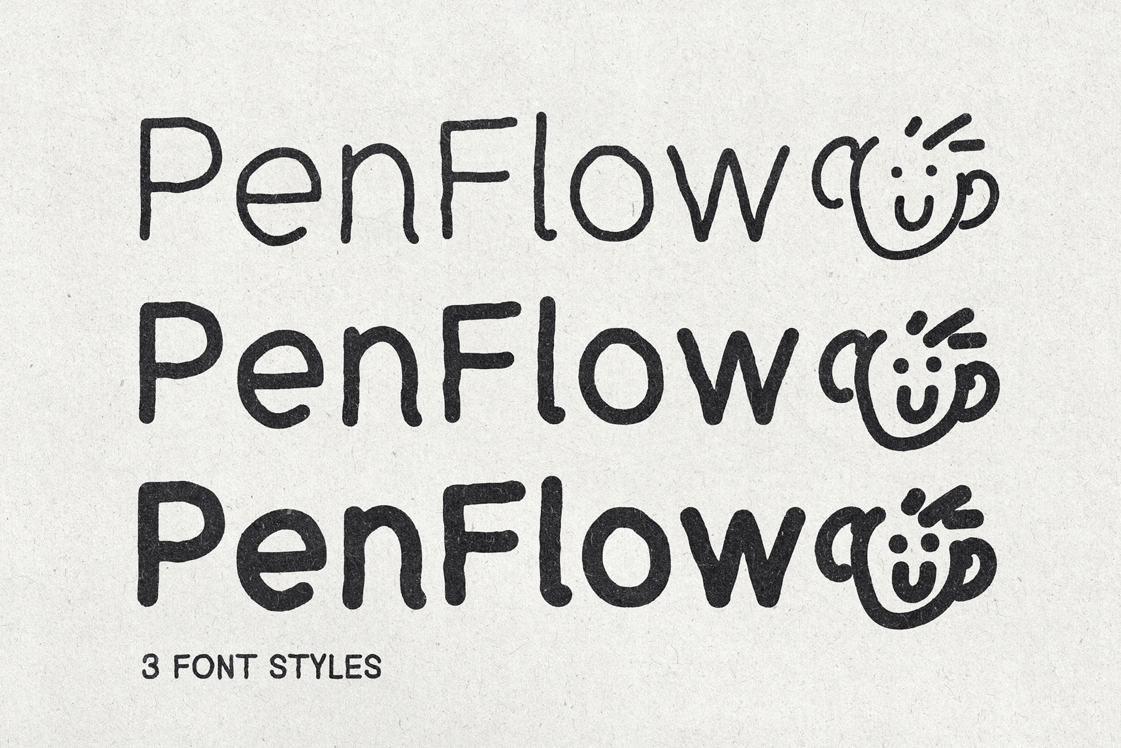 Penflow font displayed in 3 different style variations with smiley faces