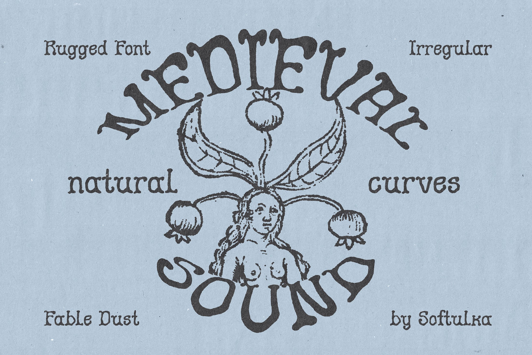 Needlework font sample with embroidered figure, ornamental flourishes on blue paper