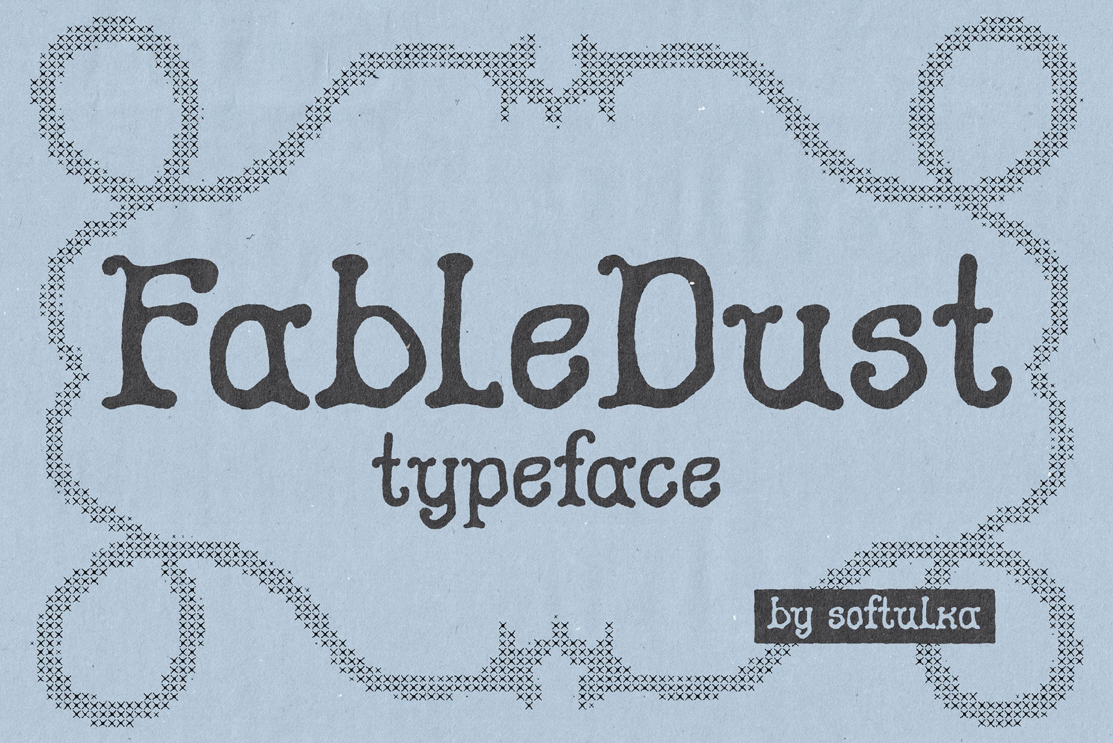 Fable Dust typeface title with decorative cross-stitch border on blue background
