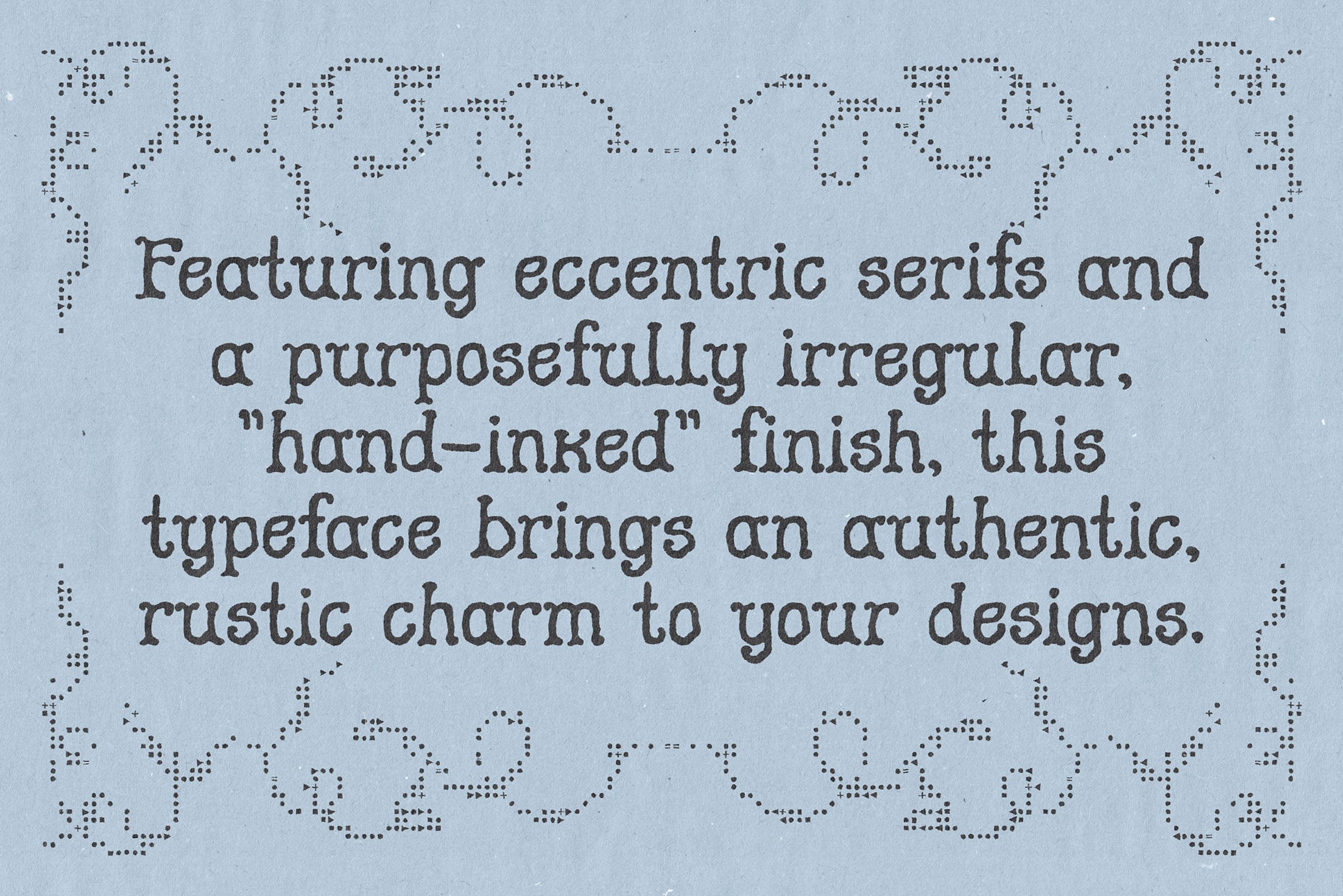 Fable Dust serif font description with ornamental borders on blue textured paper