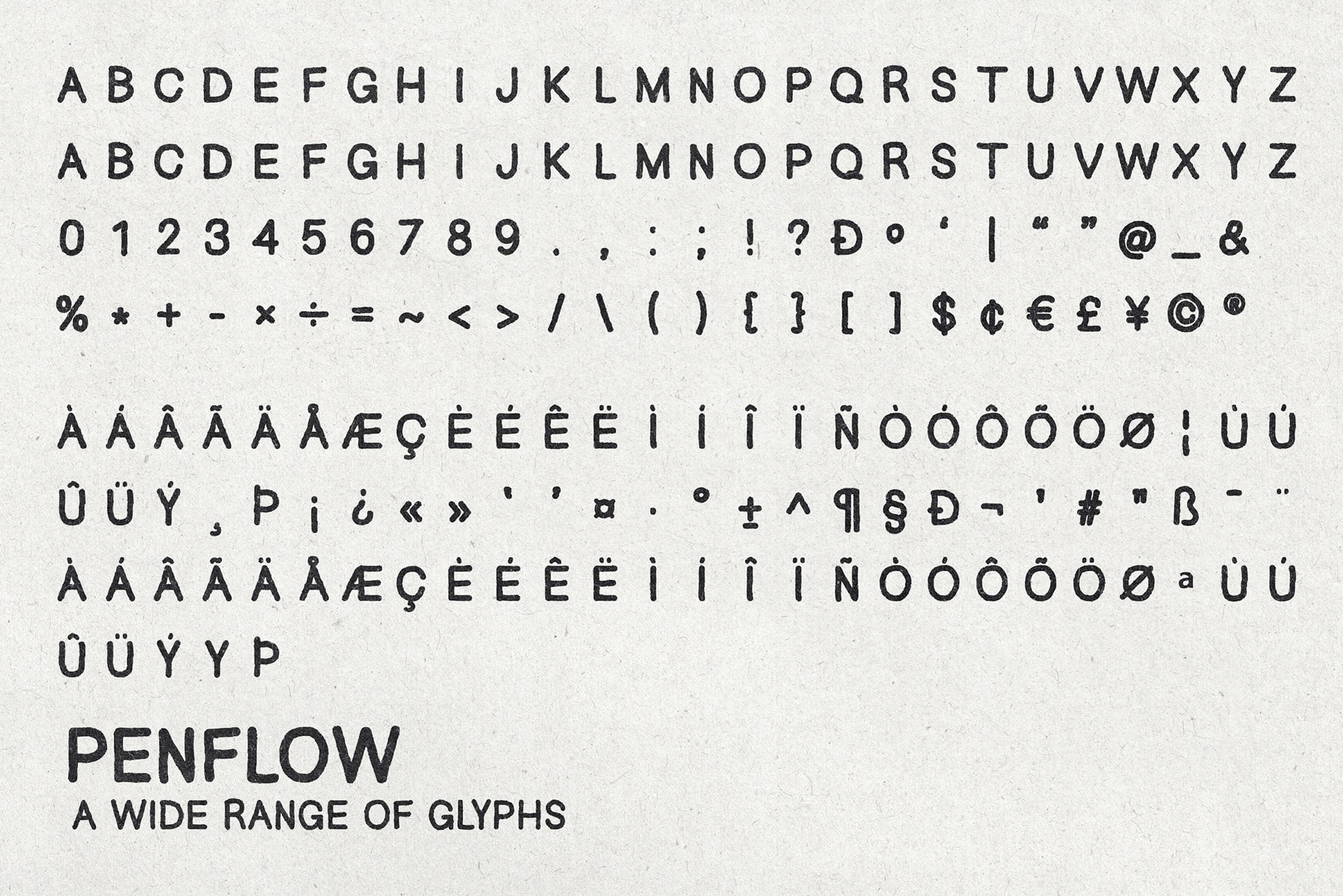 Penflow font showing complete character set with letters, numbers, symbols, currency marks, accented characters