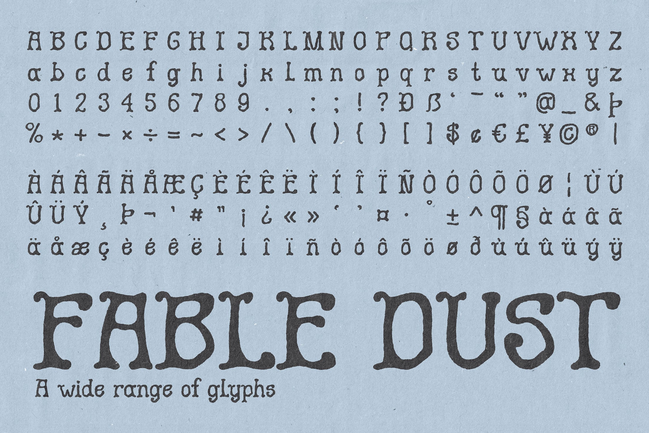 Fable Dust alphabet, numbers, symbols, glyphs set displayed on aged blue paper