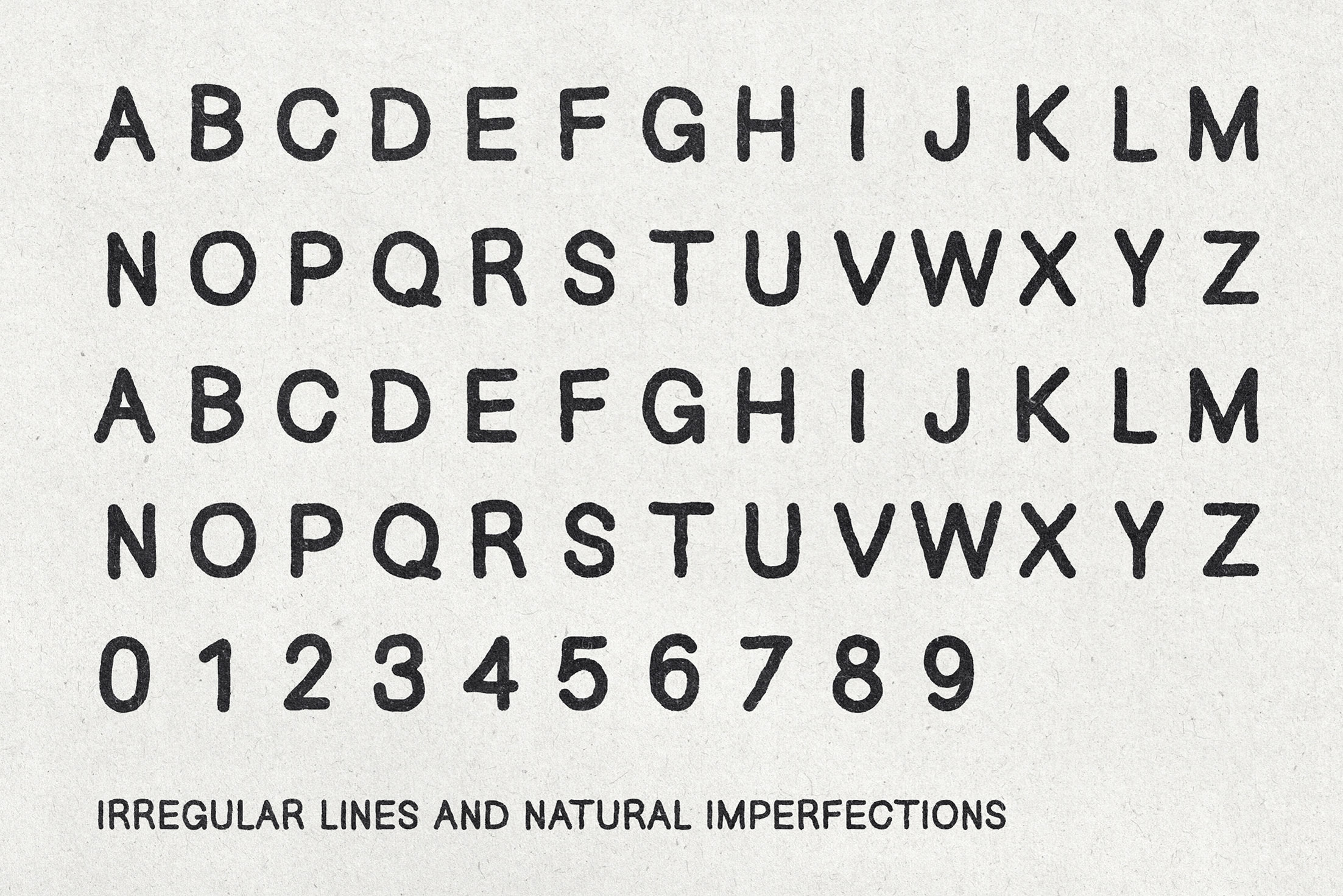 Typewriter font specimen showing full alphabet, numbers with irregular line texture