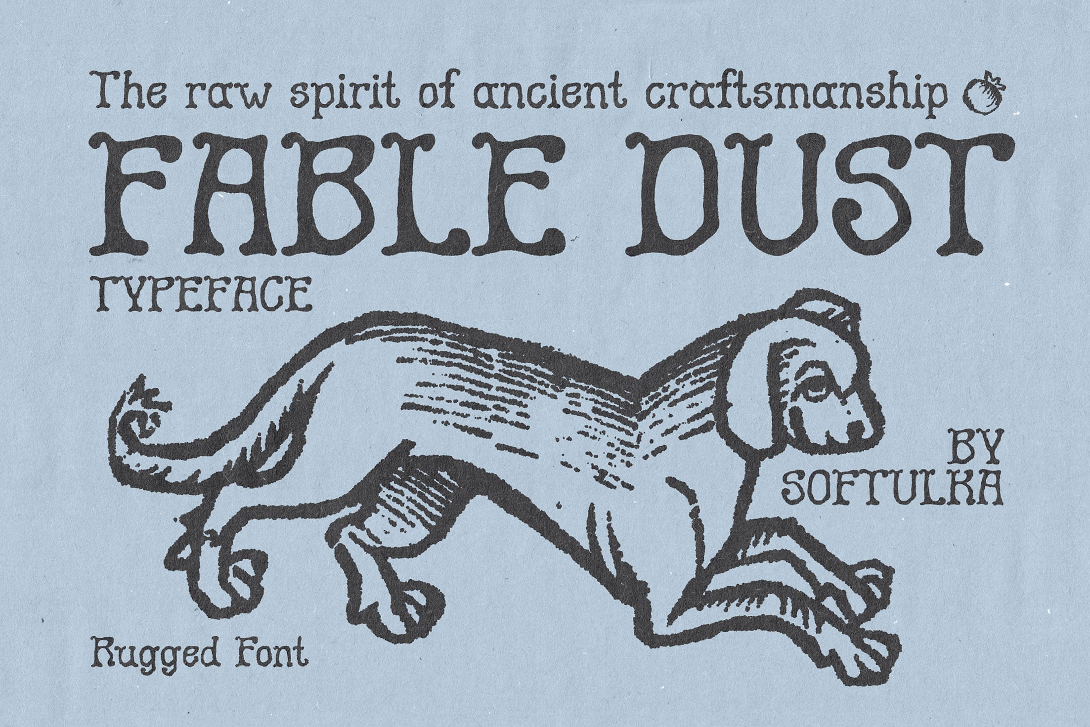 Fable Dust rugged font with decorative dog illustration on textured blue paper