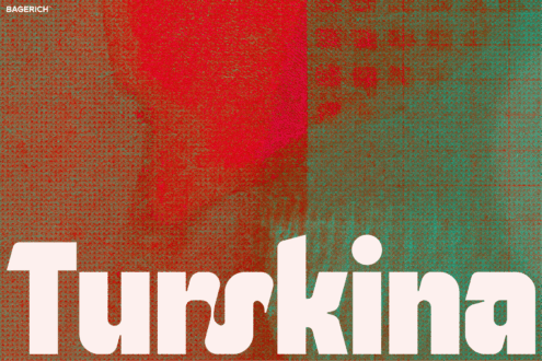 Bold white lettering on layered red teal speckled texture with label at top