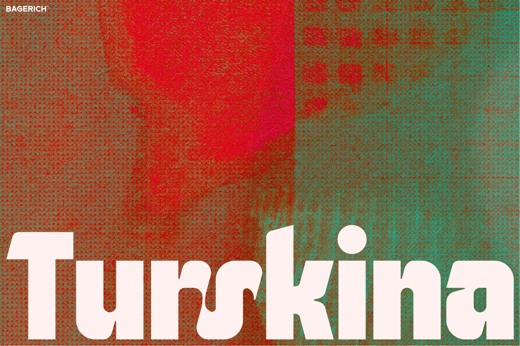 Bold white lettering on layered red teal speckled texture with label at top