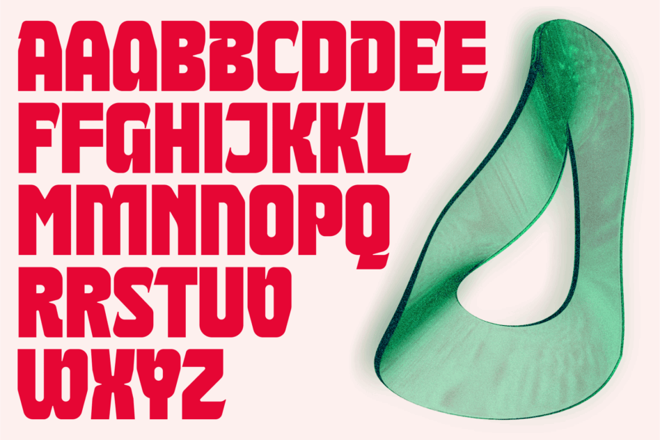 Condensed sans serif in hot pink next to watercolor green sculptural form