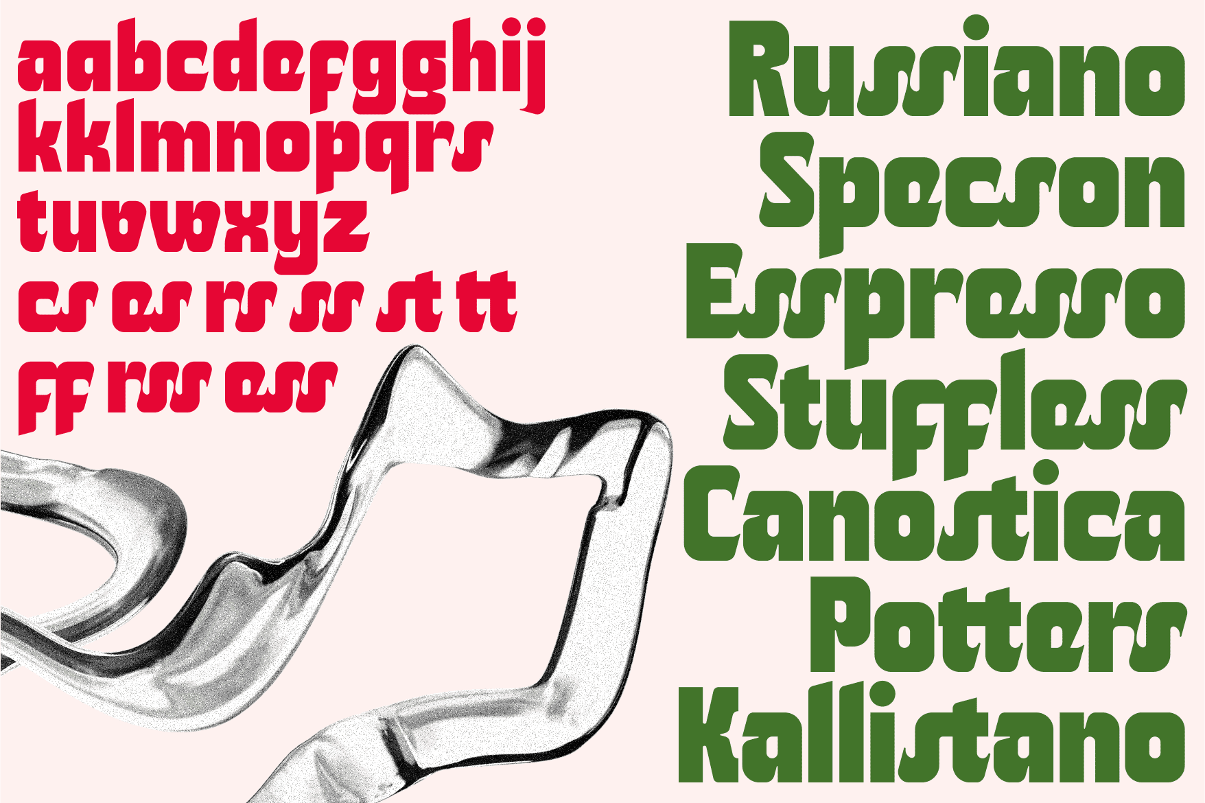 Font specimen showing red caps, green multilingual characters, sketched hands detail