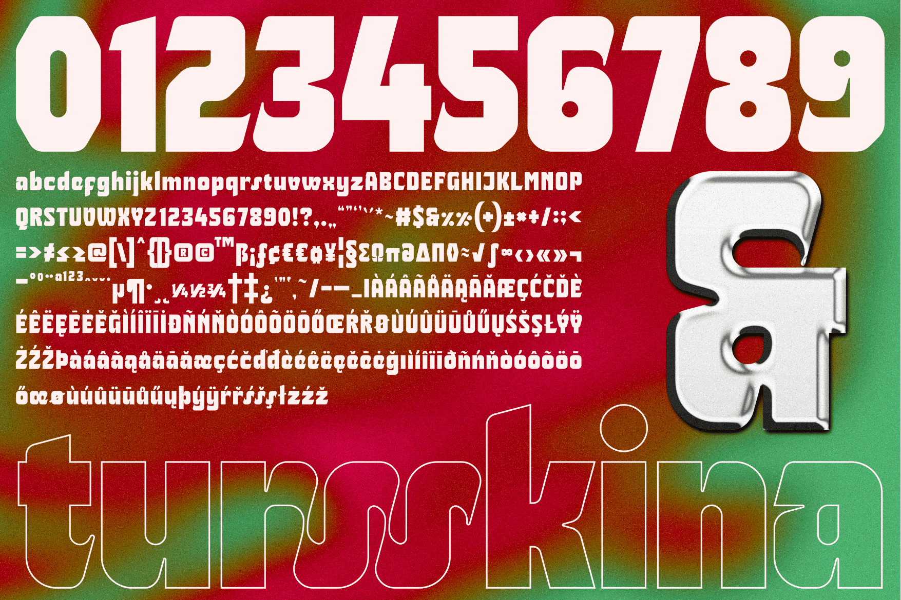 Bold display font with wide letterforms, full character set shown on gradient background
