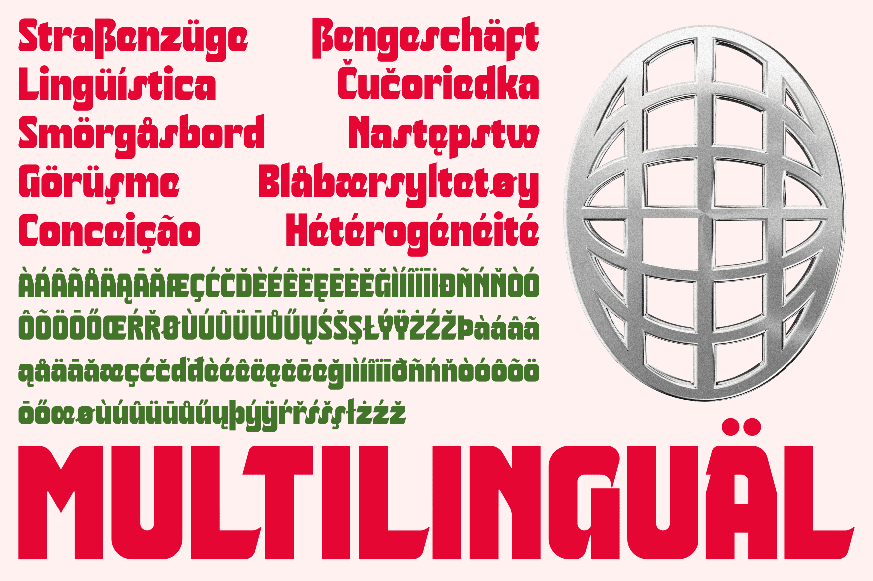 Multilingual typeface sample showing accents diacritics with 3D sphere
