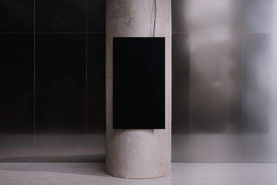 Blank poster mockup on concrete column in minimalist space