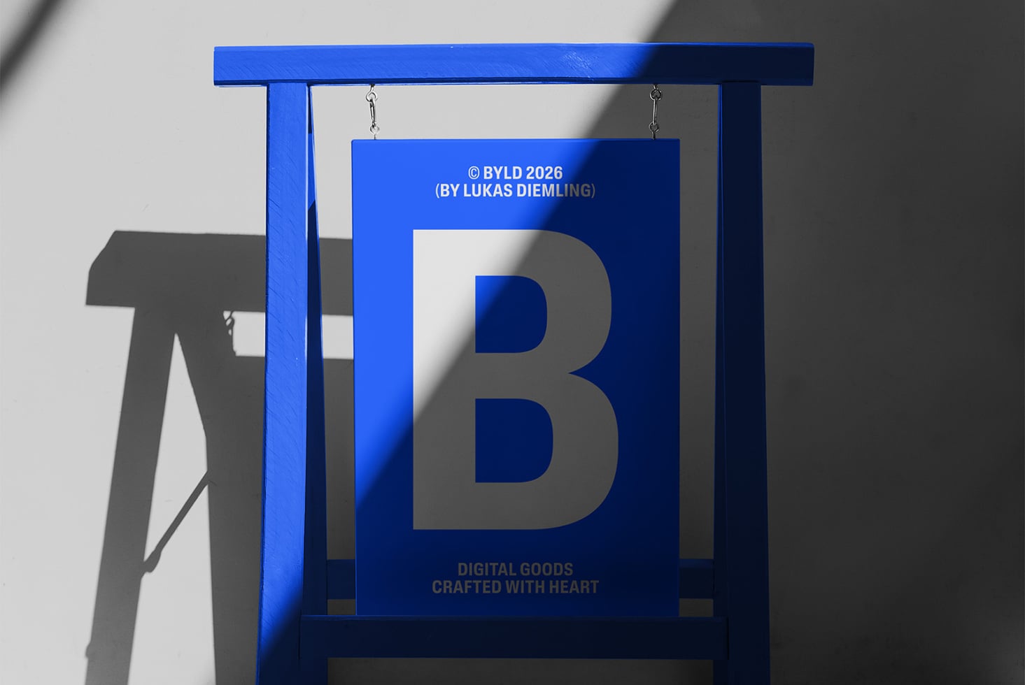 3D blue sign mockup with hanging bracket in studio lighting setup