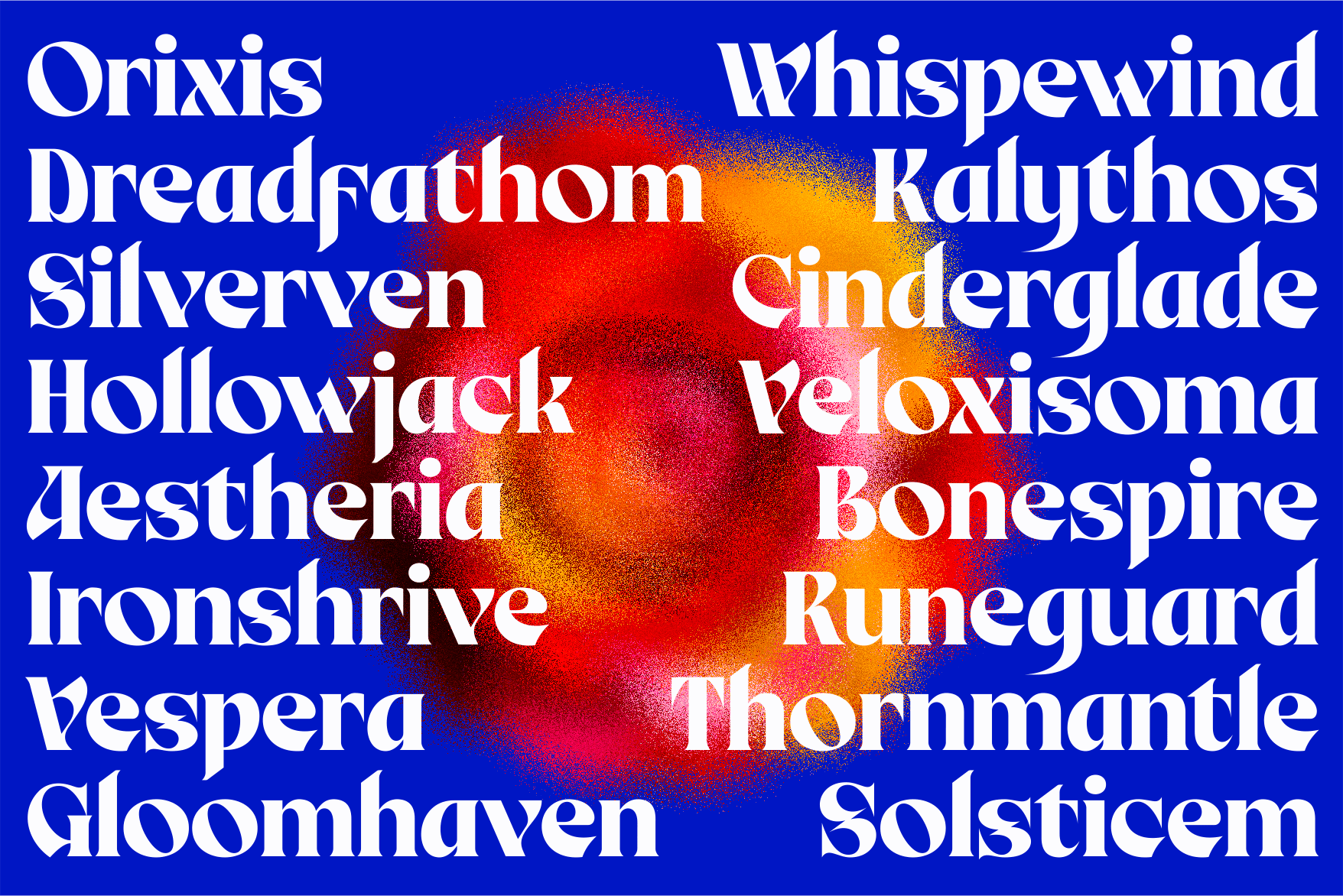 Fantasy character names displayed in bold white serif typography over blue red orange gradient