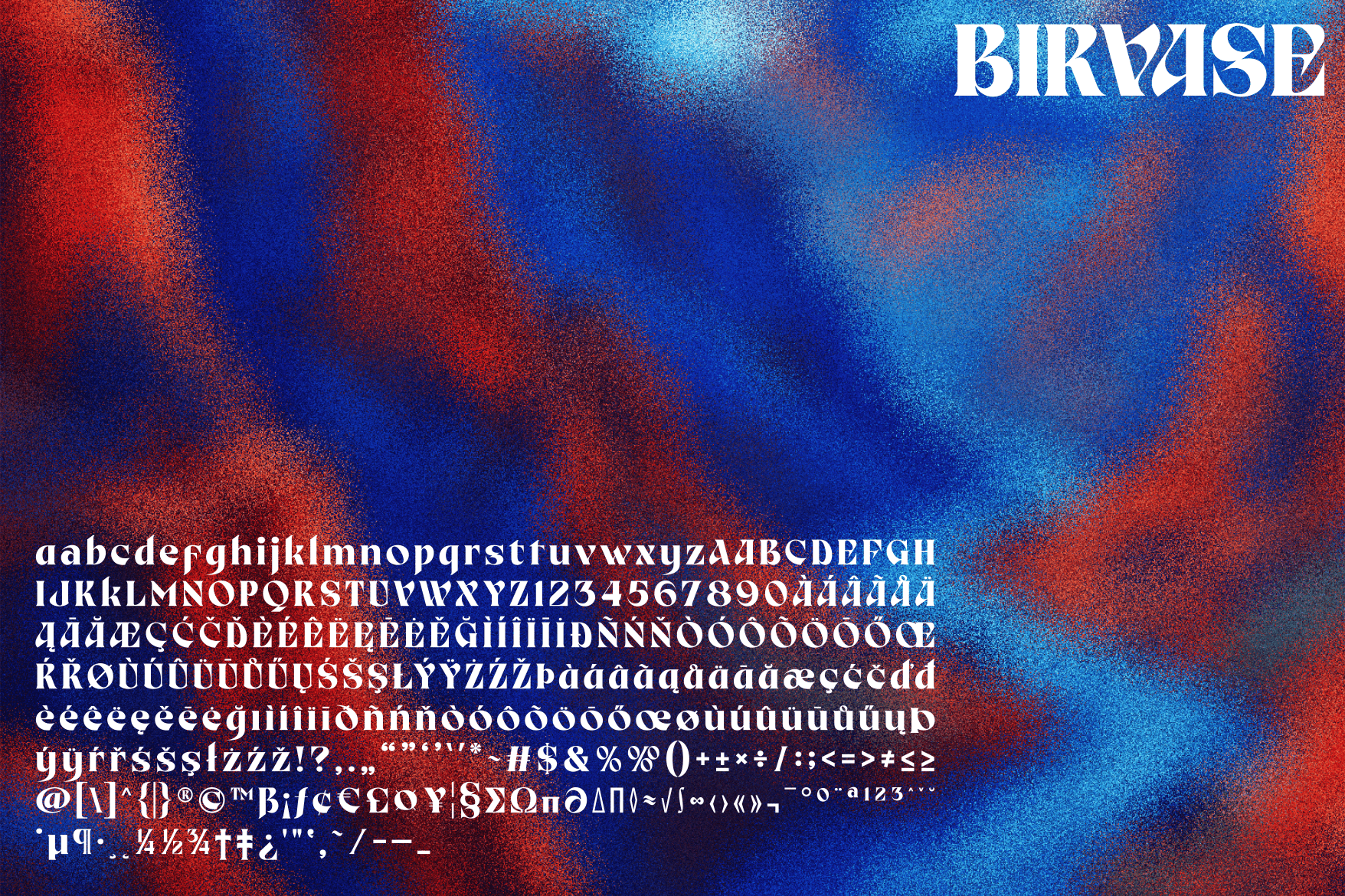 Birvaise font with full character set displayed on blue red gradient noise backdrop