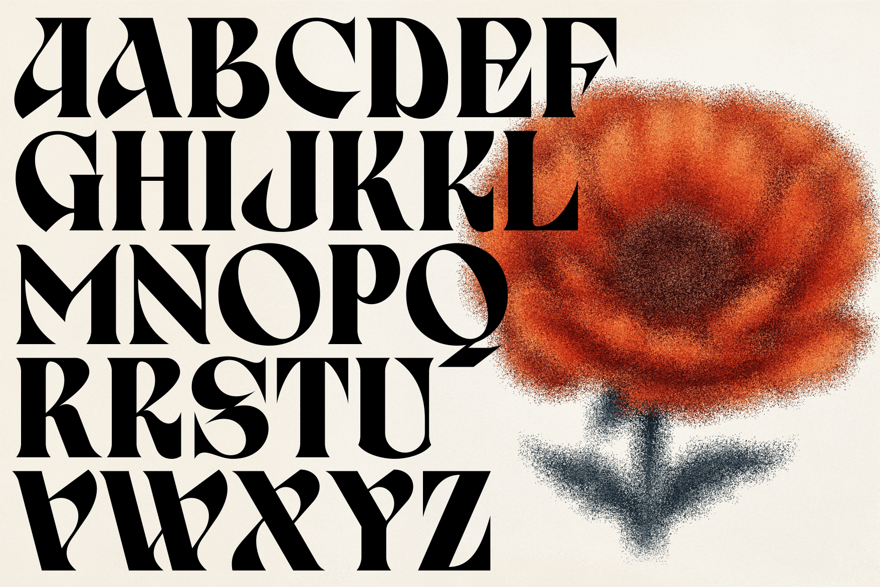Bold serif typeface sample with orange watercolor splatter effect overlay