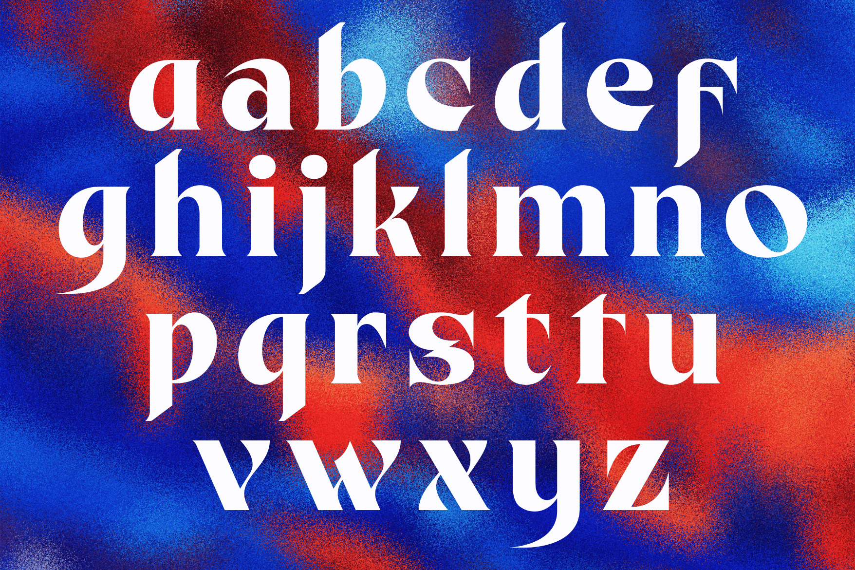 White serif letters scattered across red blue gradient with grainy texture overlay