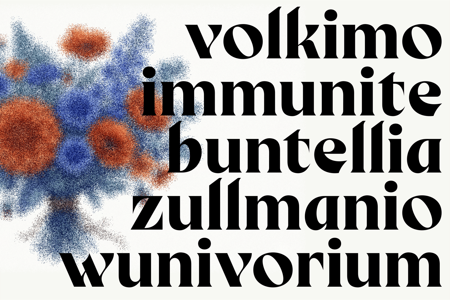 Black serif text with blue orange powder texture splatters on cream background