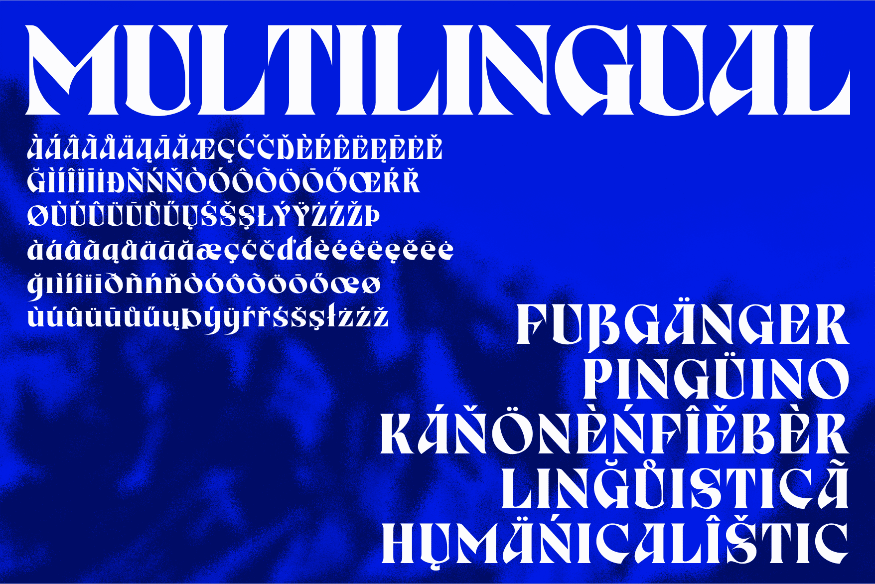 Multilingual font showcase displaying international characters on deep blue backdrop
