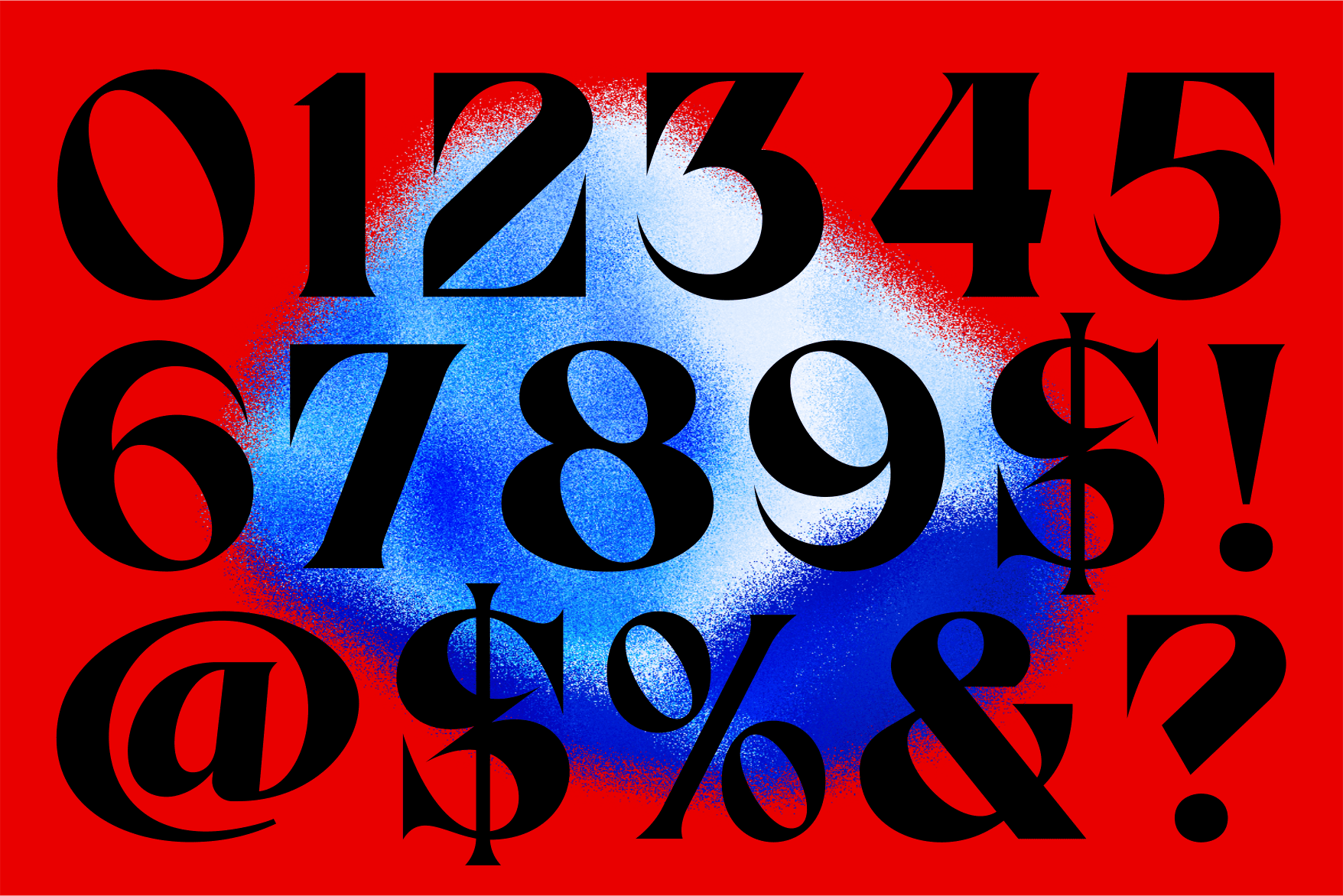 Large black numbers with blue white gradient spray effect on bright red background