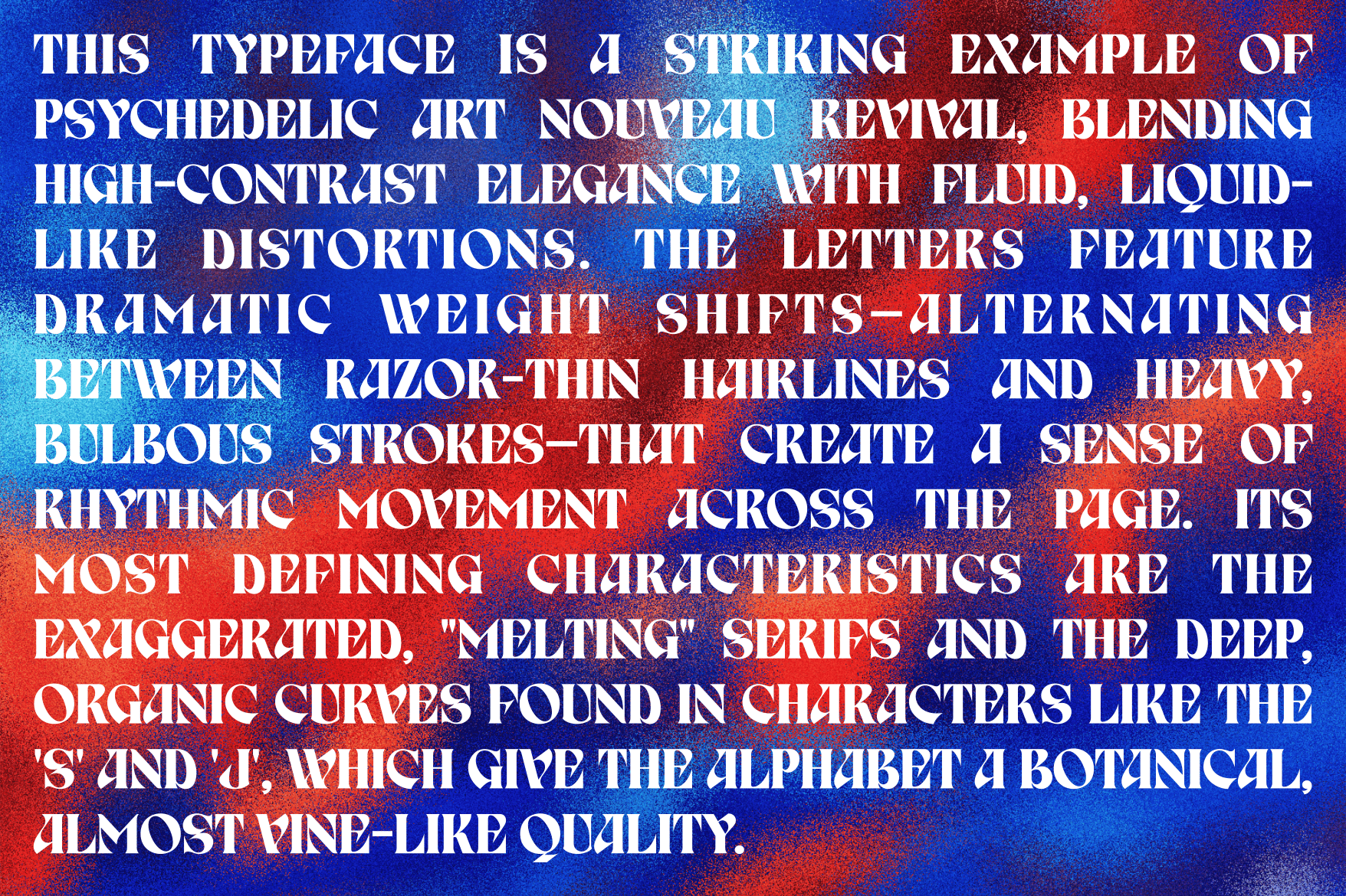 Long form text about art nouveau typeface design with melting serifs on colorful gradient