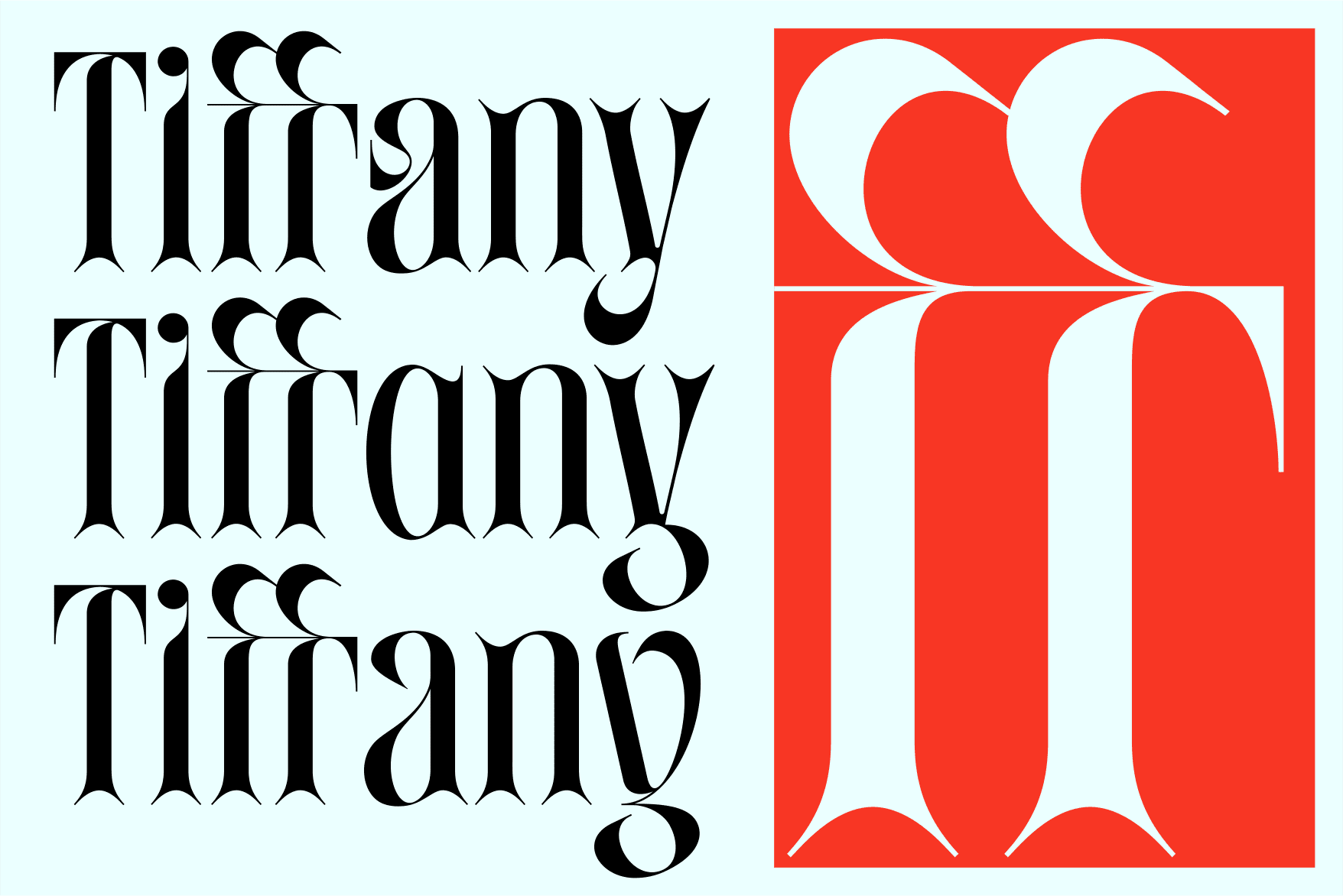 Tiffany Tiffany Tiffany stacked serif font with geometric red white shape
