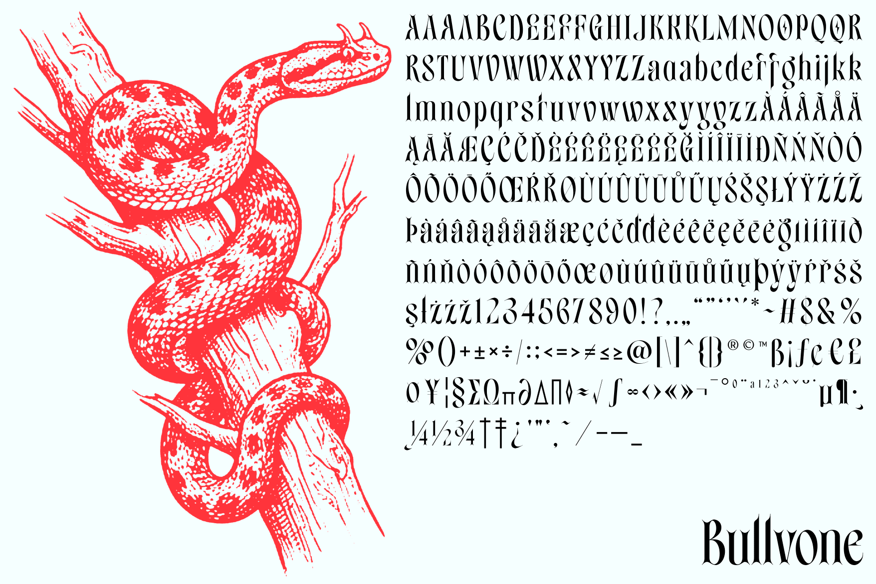 Bullvone font with engraved red snakes, full character set display