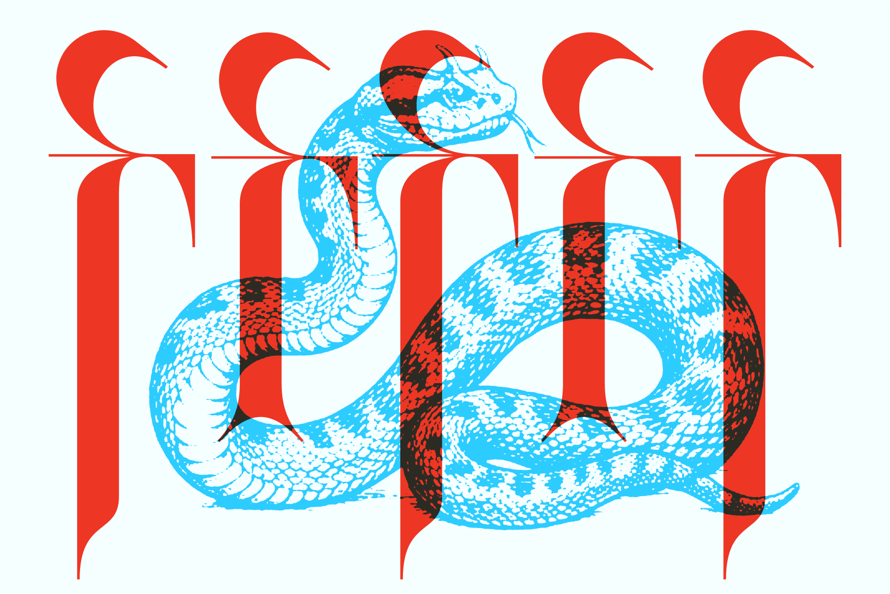 Decorative serif letters with blue snakes winding through red shapes