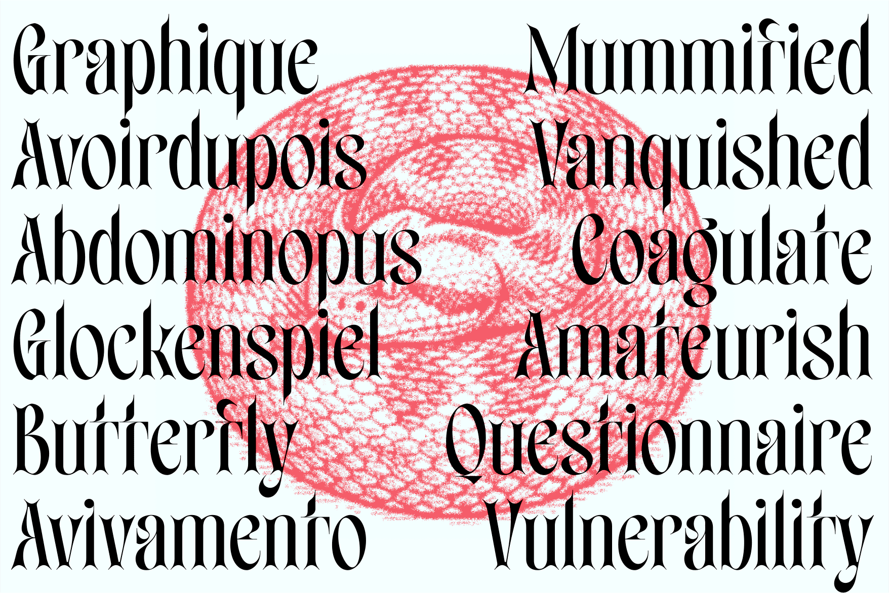 Serif font surrounded by French words overlaying textured pink sphere
