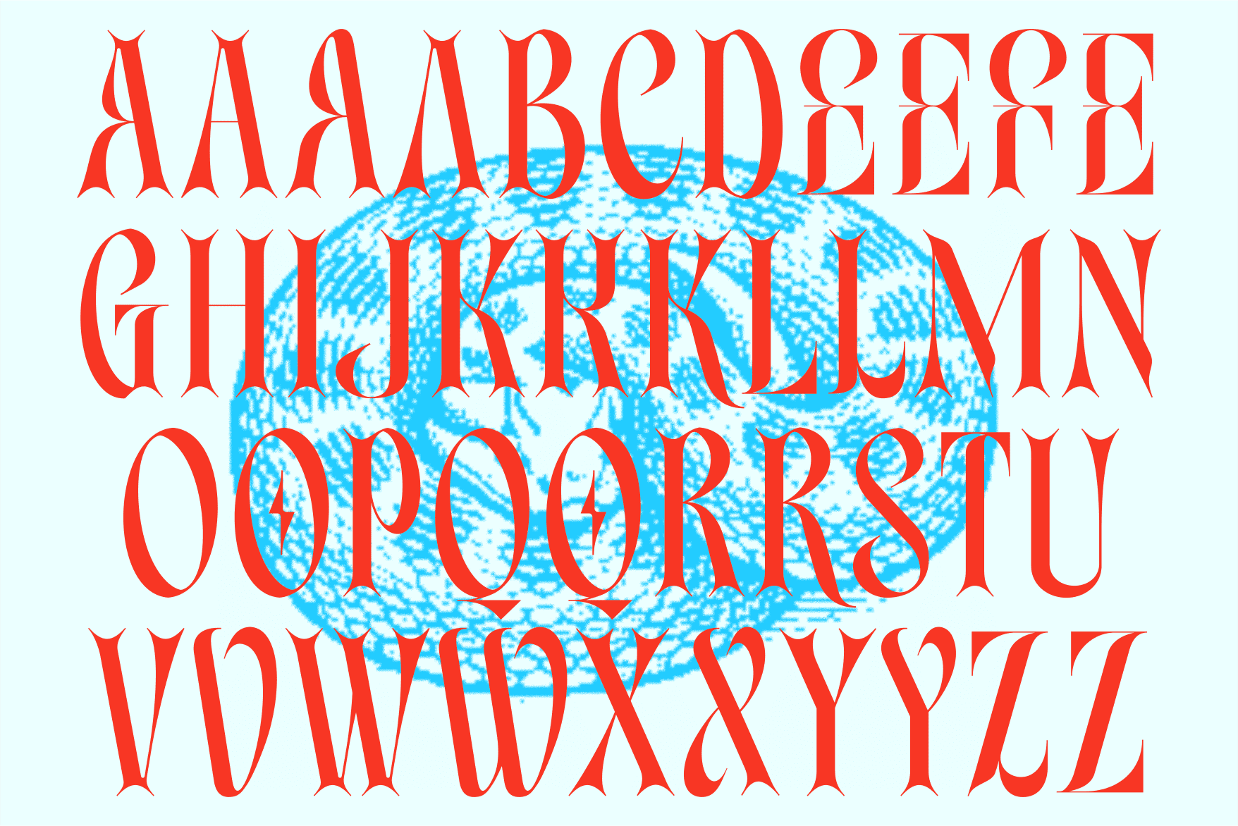Bold red serif letters with blue chicken illustration in center