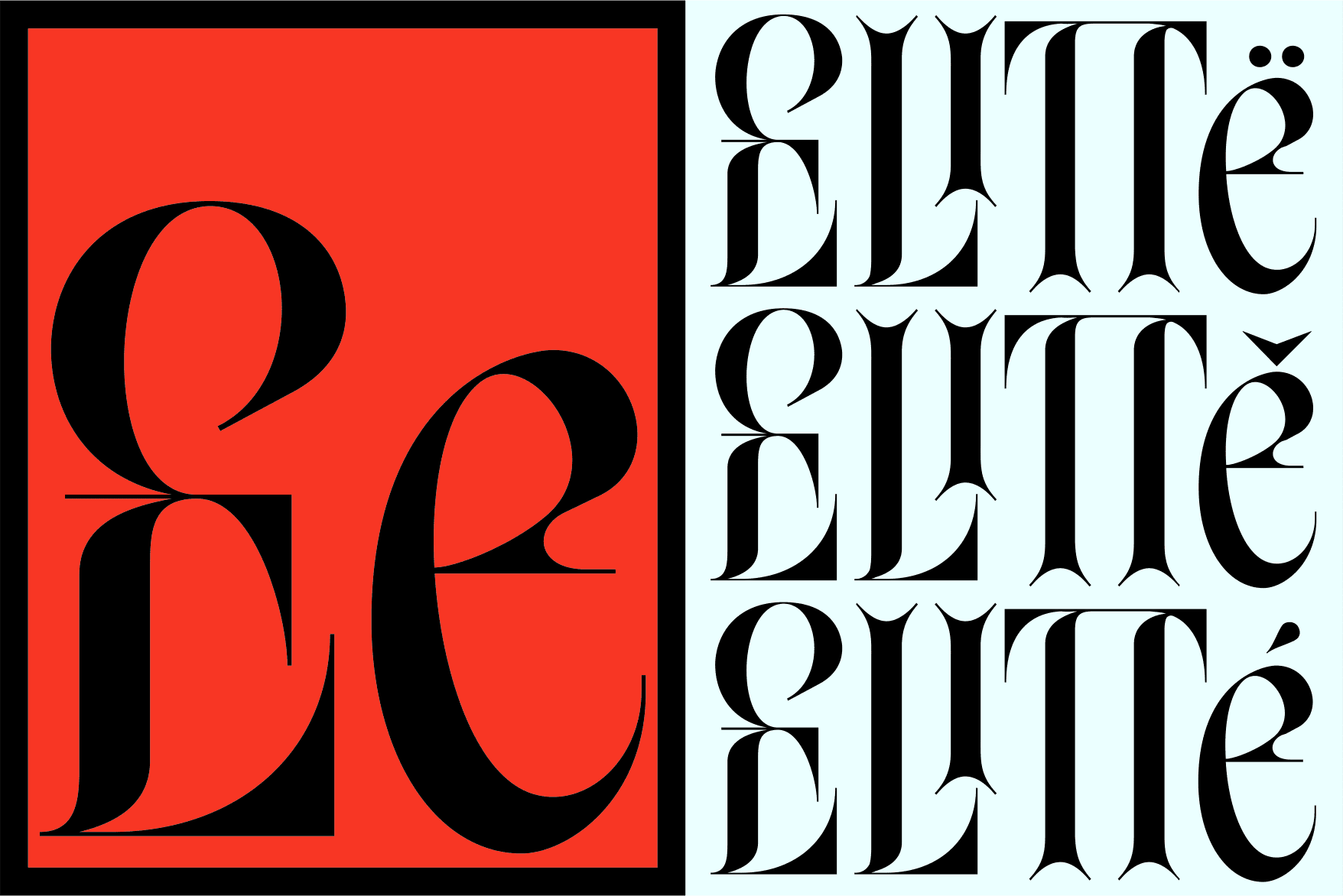 Elegant serif font samples on split red black cream background layout
